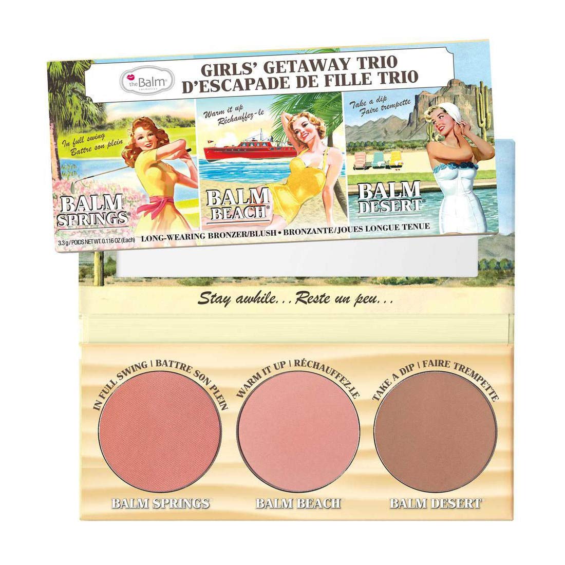 theBalm Girls' Getaway Trio - Highlighting Powder Cheek Palette, Face Sculpting Kit, Fade Resistant Blushes/Bronzers, Balm (Springs, Beach and Desert), 0.116 ounce each