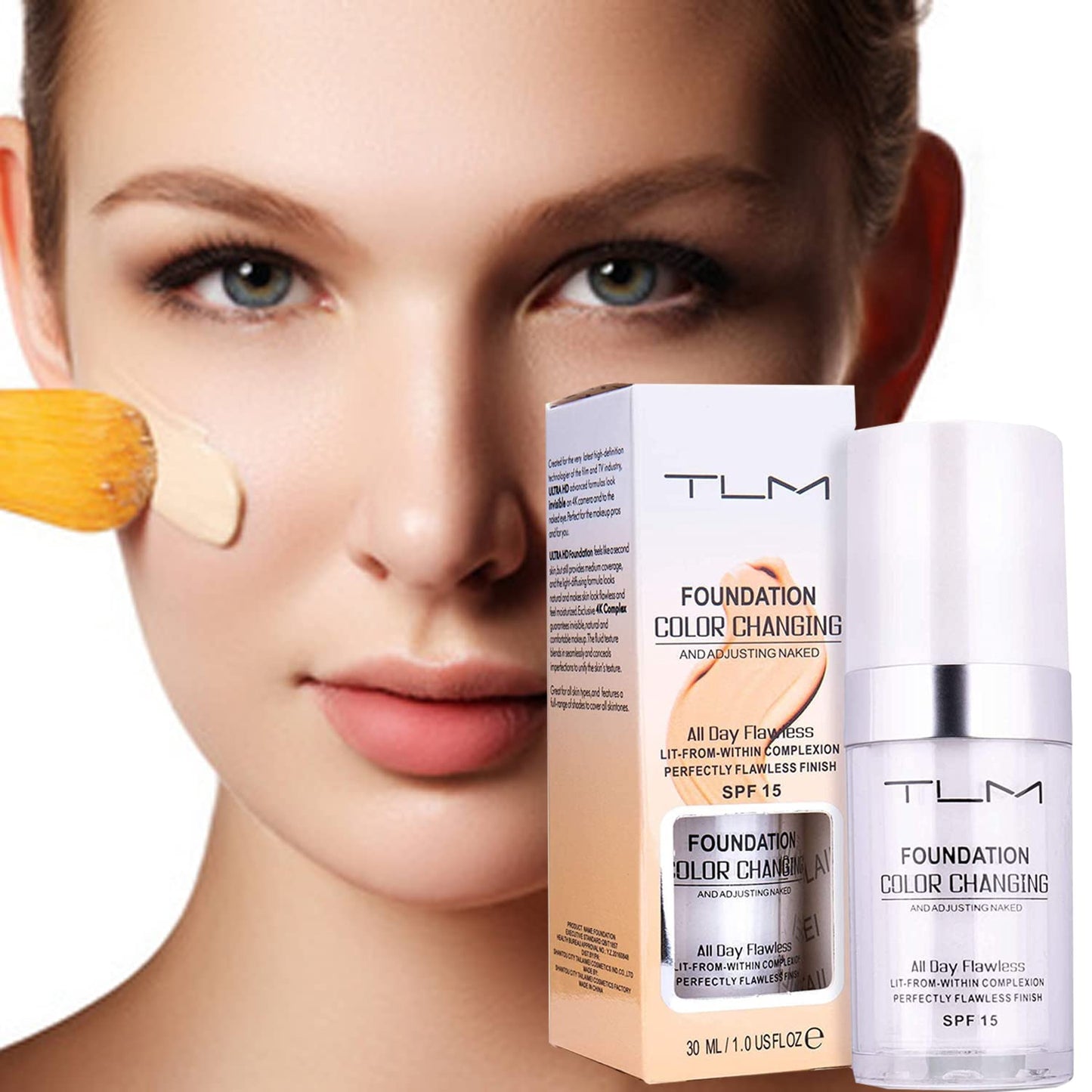 2Pcs 30ml TLM Colour Changing Foundation Makeup Concealer Cover Cream Full Coverage Flawless Liquid Base Nude Face Liquid Cover Concealer Change Skin Tone All-Day Moisturizing Foundation for Women&Girls