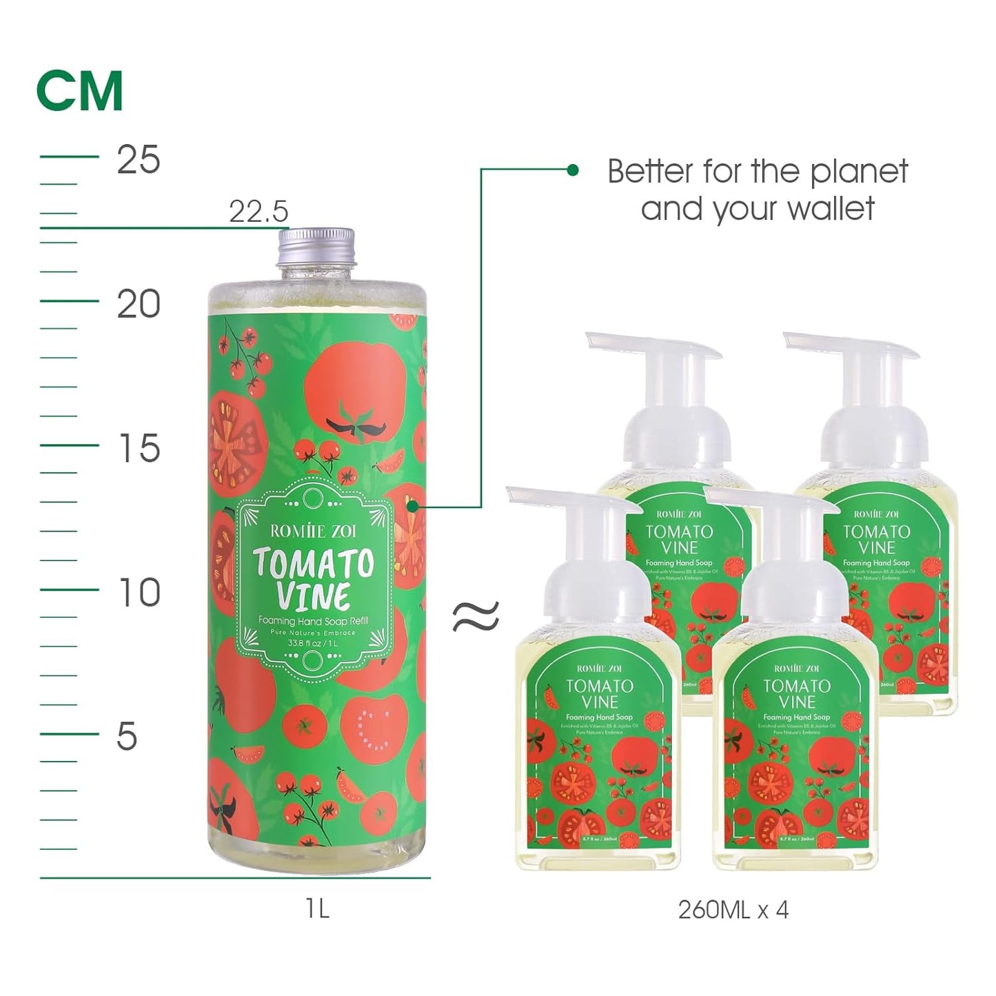 Tomato Vine Foaming Hand Soap Refill Set – 3 Pack (33.8 Fl Oz Each) – Chemical-Free & Moisturizing with Refillable Dispenser for Kitchen & Bathroom