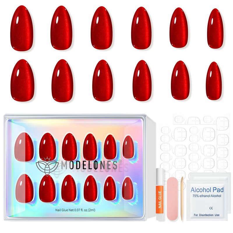 Modelones Red Cat Eye Press on Nails Almond, Spring Short Fake Nails, Reusable Nail Kit with Nail Glue Adhesive Tabs Mini Nail File, Nails Press Ons 32Pcs 16 Sizes, Women Girl Gift