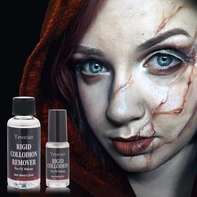 Yeweian Rigid Collodion with Brush and Remover Kit, Professional Scarring Liquid for SFX Makeup,Realistic Liquid Scar Fake Scars Makeup for Halloween Cosplay Costume Film(Scar Liquid 5ml+30ml Remover)