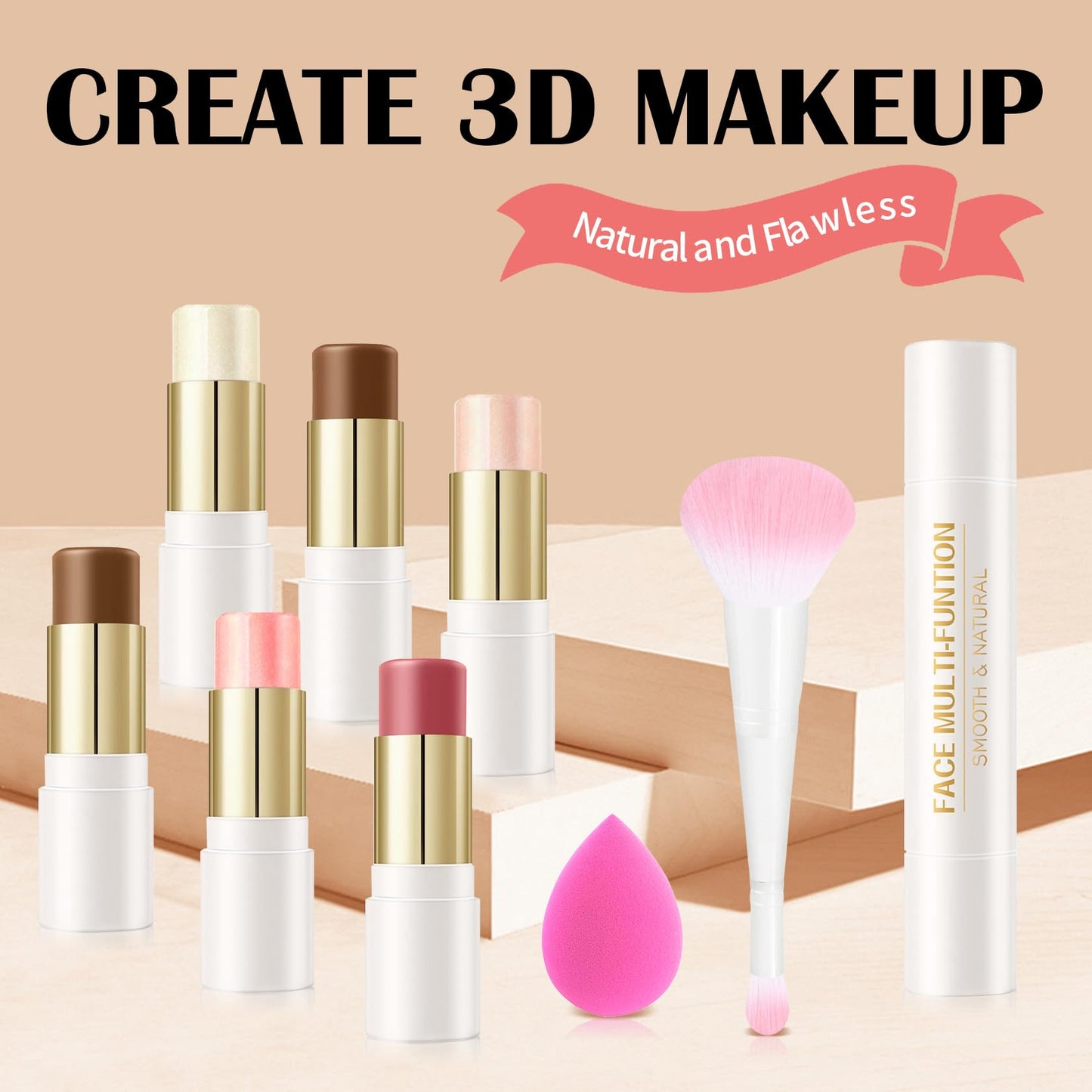 QIUFSSE 8 PCS Contour Stick Makeup Contour Kit,Double-ended Design with Highlighter,Blush and Bronzer Stick,Lightweight,Easy to Sculpt,Create a Matte and Dewy Finishing Makeup(Set B)