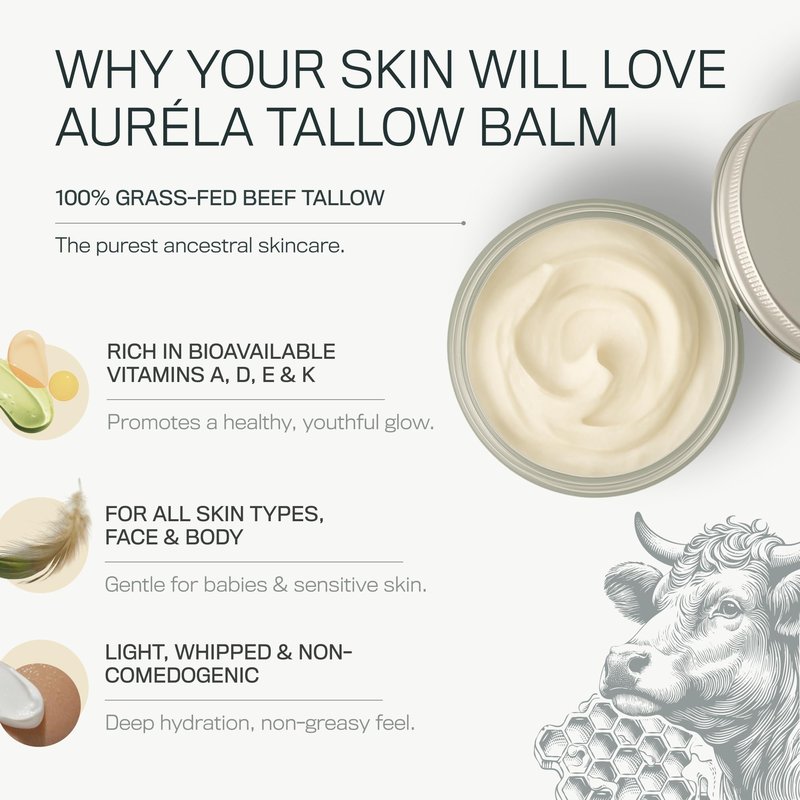Auréla Organic Beef Tallow With Honey & Jojoba Oil - 100% Grass-Fed Whipped Beef Tallow For Face & Body - Natural & Deeply Nourishing Formula | For Dry & Sensitive Skin - Unscented | 2oz
