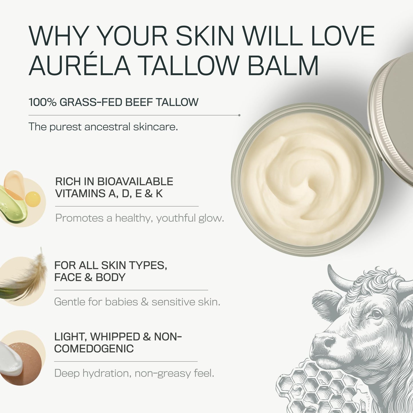 Auréla Organic Beef Tallow With Honey & Jojoba Oil - 100% Grass-Fed Whipped Beef Tallow For Face & Body - Natural & Deeply Nourishing Formula | For Dry & Sensitive Skin - Unscented | 2oz