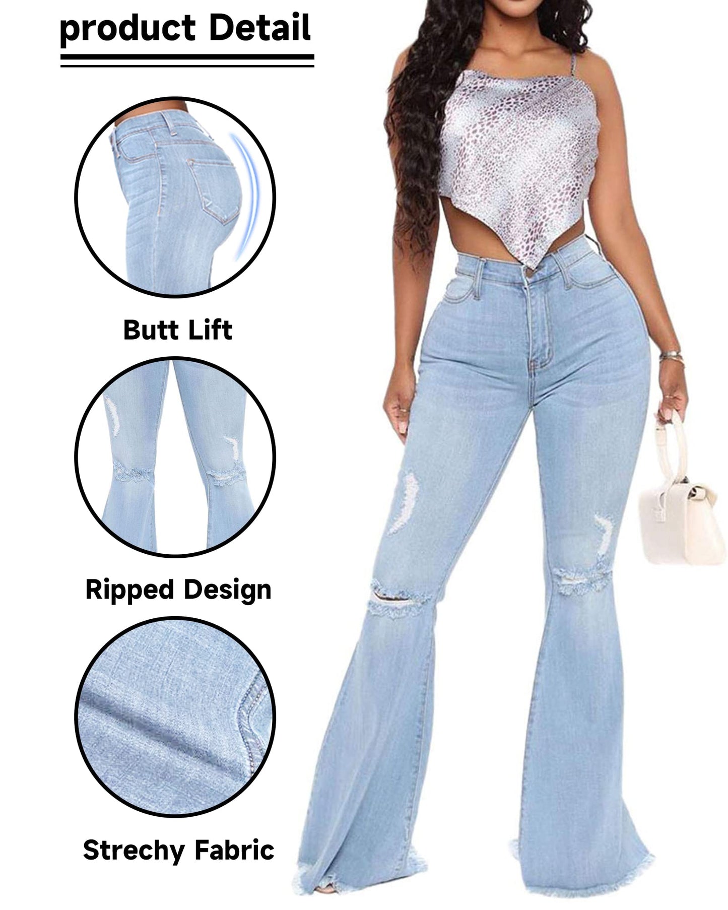 BISUAL Women Destoryed Flare Jeans Elastic Waist Ripped Bell Bottom Raw Hem Stretch Denim Pants (Light Blue, Medium)