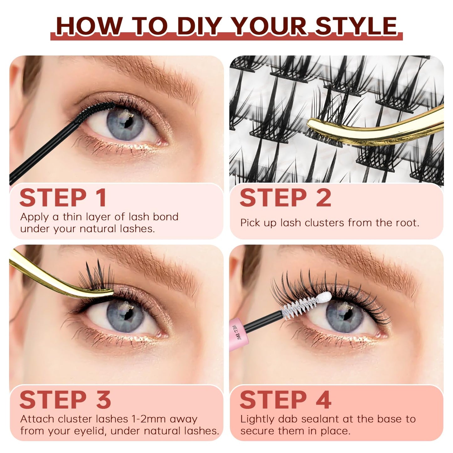 JOLIETIFY Lash Extension Kit, Faux Mink 8–16mm Clusters, Sculpted Accent Style with Dual-Bundle Design, Lightweight Volume, Waterproof Bond & Seal, Individual Lashes with Tweezers & Remover, Easy DIY