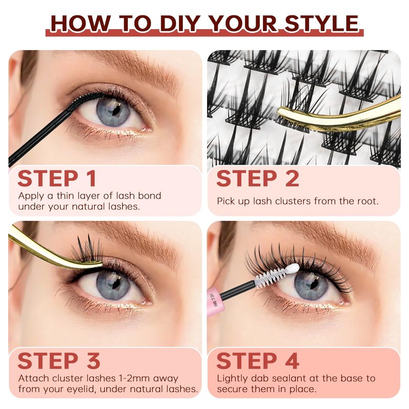 JOLIETIFY Lash Extension Kit, Faux Mink 8–16mm Clusters, Sculpted Accent Style with Dual-Bundle Design, Lightweight Volume, Waterproof Bond & Seal, Individual Lashes with Tweezers & Remover, Easy DIY
