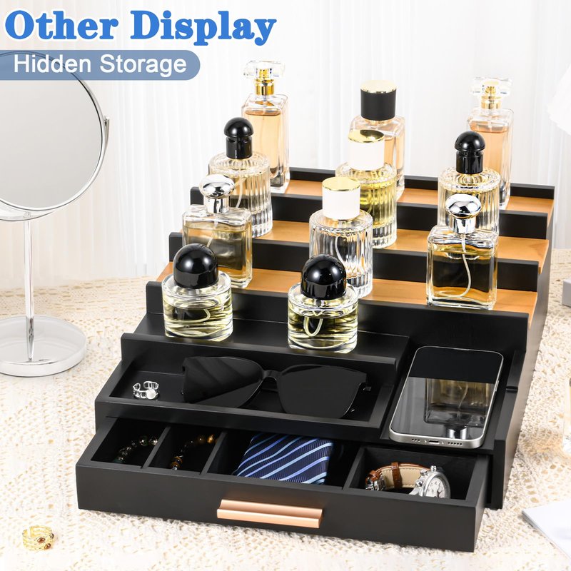 Zioffiel Cologne Organizer for Men, 5 Tier Wooden Perfume Organizer Display with Drawer and Hidden Compartment, Cologne Stand, Perfume Stand, Display Risers, Gift for Men (Brown)