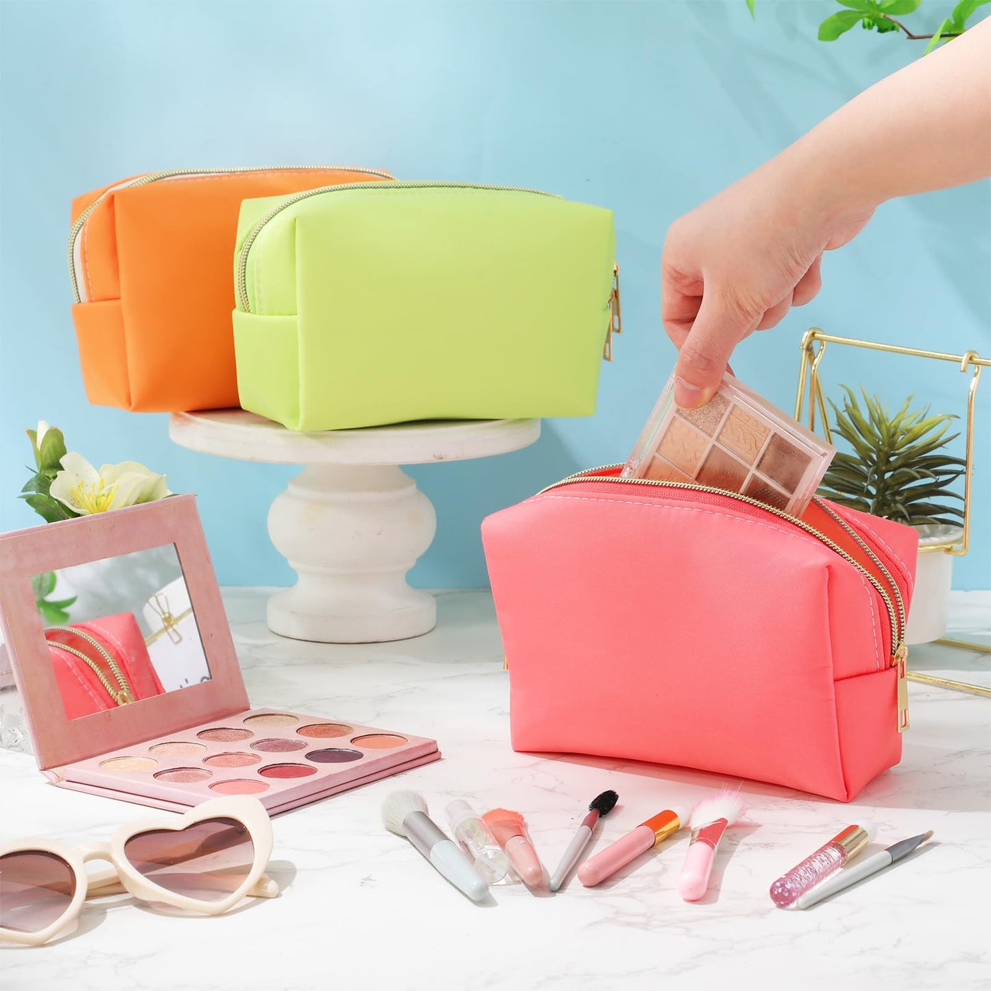 Kigeli 12 Pcs Nylon Makeup Bag Bulk Cosmetic Pouches Preppy Cosmetic Bag for Women Waterproof Travel Zipper Organizer Little Outdoor Accessory Makeup (Nylon, Foam,Macaron)