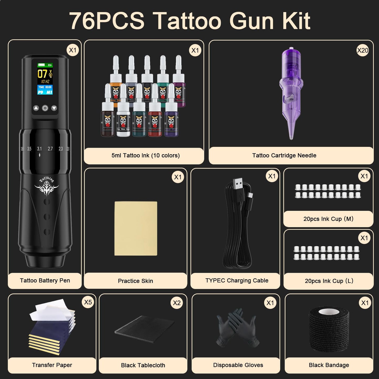 Tattoo Kit, Wireless Tattoo Gun Machine Kit, Complete Beginners Tattoo Supplies Set, 7 Strokes Length Tattoo Pen with Digital LED Display, 1,600mAh Battery, 20Pcs Cartridge Needles