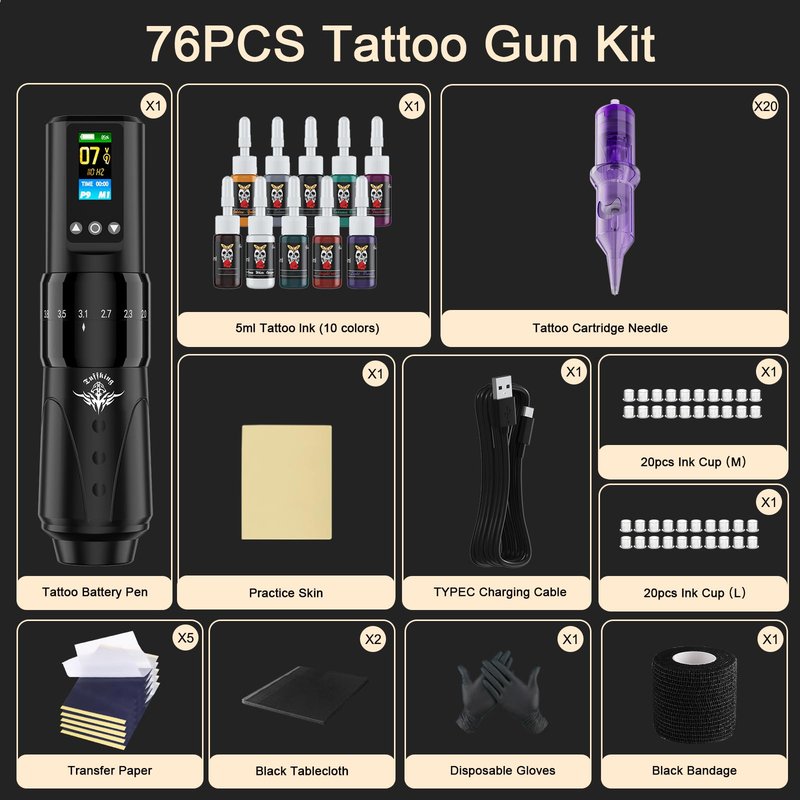 Tattoo Kit, Wireless Tattoo Gun Machine Kit, Complete Beginners Tattoo Supplies Set, 7 Strokes Length Tattoo Pen with Digital LED Display, 1,600mAh Battery, 20Pcs Cartridge Needles