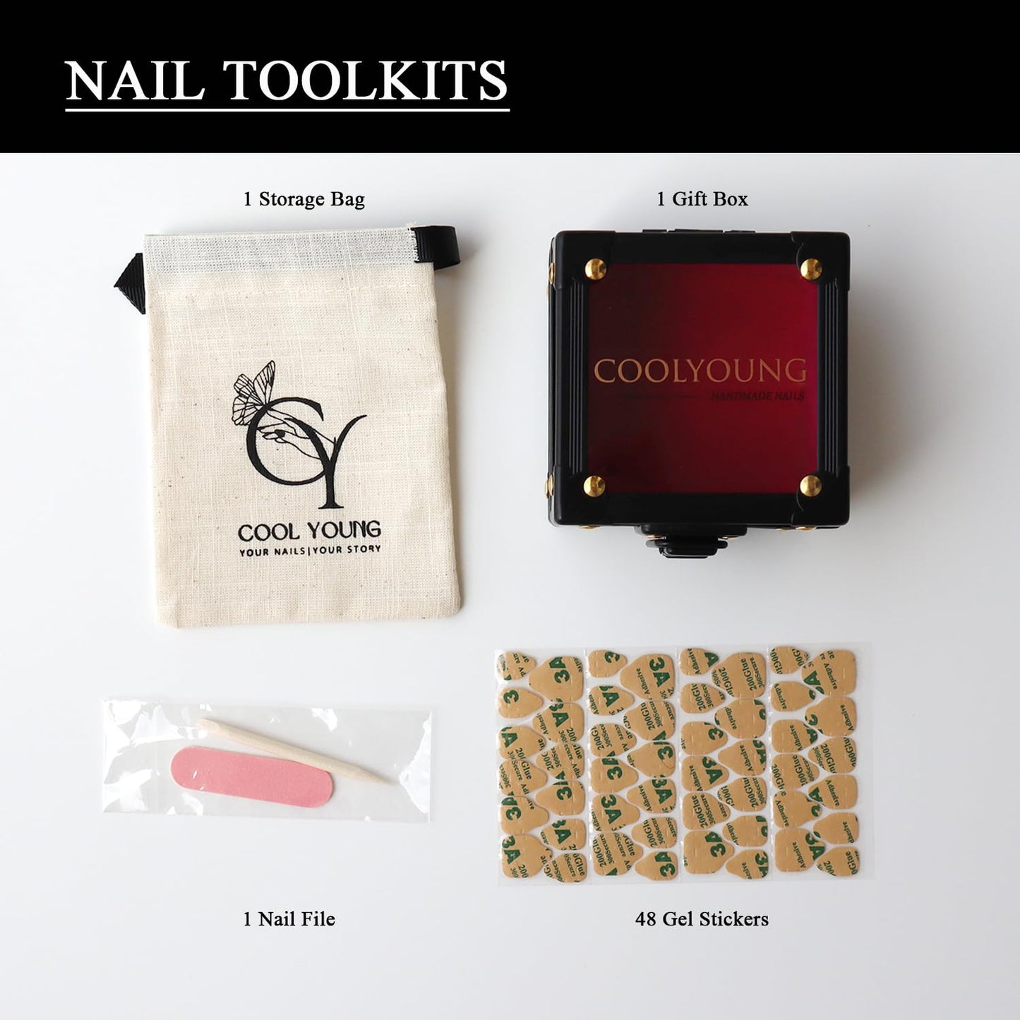 French Tip Cat Eye Press On Nails - 'Lonely Warrior' Black Square Nail Tips Set with Gift Box & Storage Bag