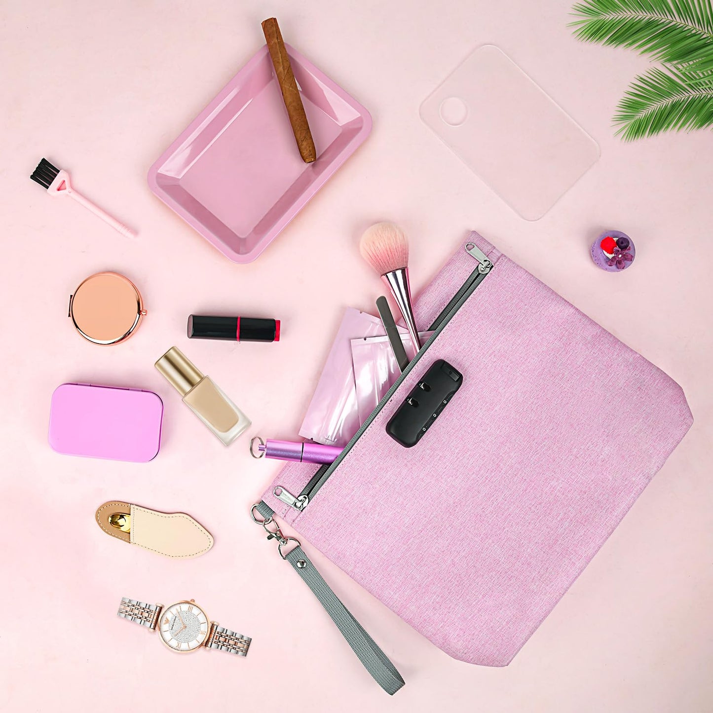 Pink Medium Travel Smell Proof Bag with 10 PCS Accessories, Portable Cosmetic Pouch with Combination Lock. Gift for Women.
