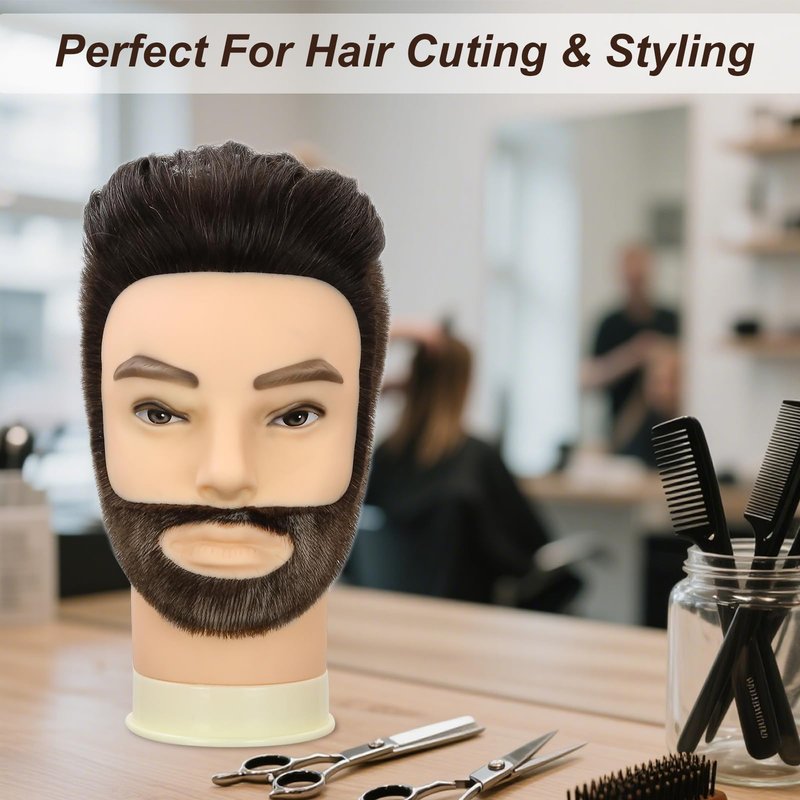 Yekavo Male Mannequin Head, Barber Mannequin Head Male 100% Human Hair With Beard, Professional Training Head with Real Hair for Practicing Hair Cutting & Styling, Black