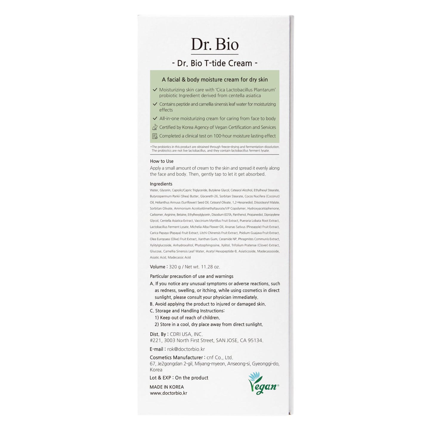 Dr.Bio T-tide Cream, Long-Lasting Hydration for 100 Hours, Relief from Dry, Itchy Skin with Shea Butter, Probiotics & Cica, Vegan & Organic, Fragrance-Free, Korean Skincare, hypoallergenic