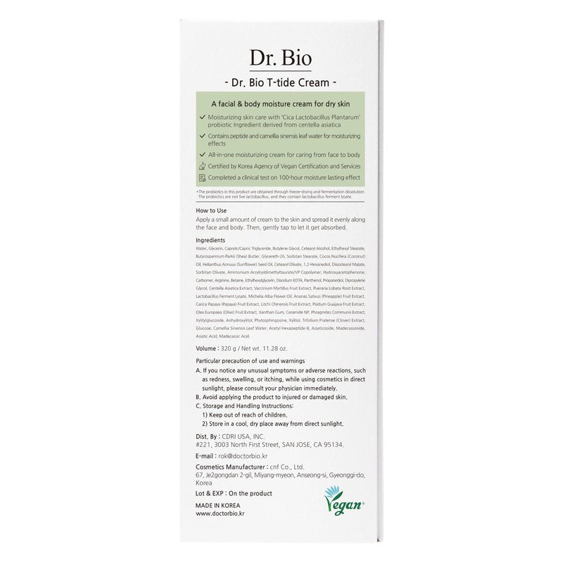 Dr.Bio T-tide Cream, Long-Lasting Hydration for 100 Hours, Relief from Dry, Itchy Skin with Shea Butter, Probiotics & Cica, Vegan & Organic, Fragrance-Free, Korean Skincare, hypoallergenic