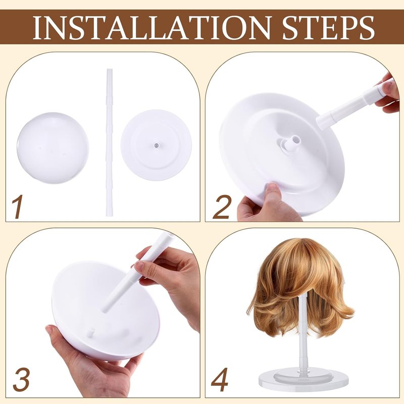 Adjustable Wig Stand Set - 8 Pcs Portable Plastic Holders for Display | 4.53 to 14.37 Inches, Non-Slip Design (White)