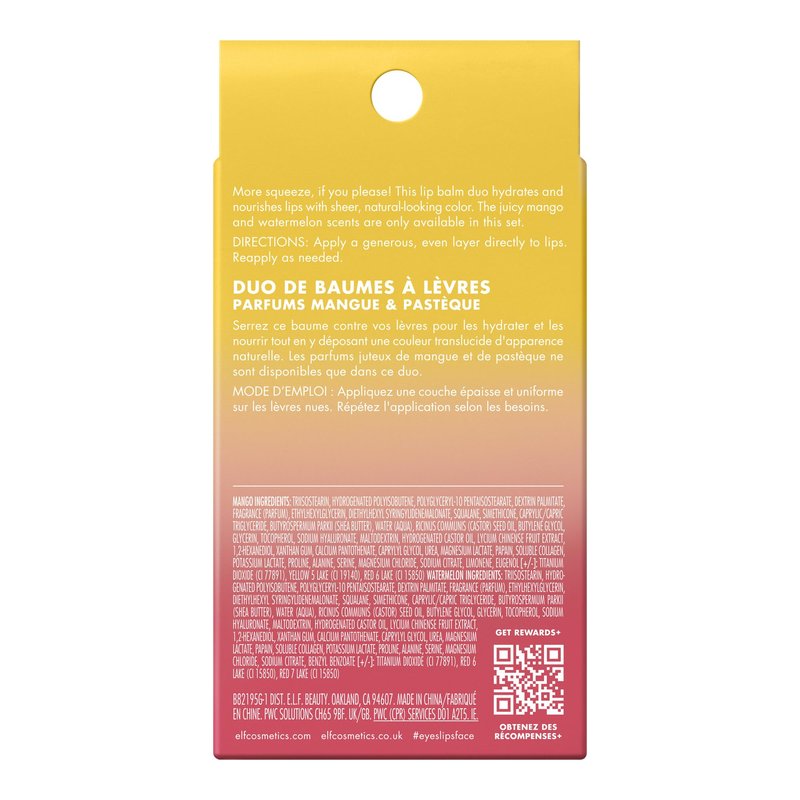 e.l.f. Squeeze Me More Lip Balm Duo, Moisturizing Balm For A Sheer Tint Of Color, Made With Hyaluronic Acid, Vegan & Cruelty-Free, Mango & Watermelon
