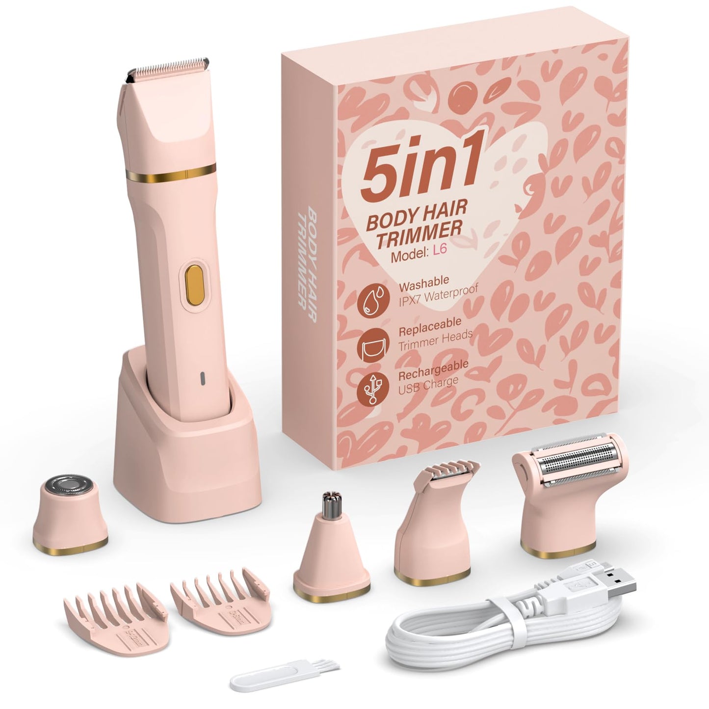 HOHOLE 5-in-1 Bikini Trimmer for Women, IPX7 Waterproof Electric Razors Shaver, Cordless Body Hair Trimmer, Facial & Pubic Hair Removal, Ceramic Blade (Blush)