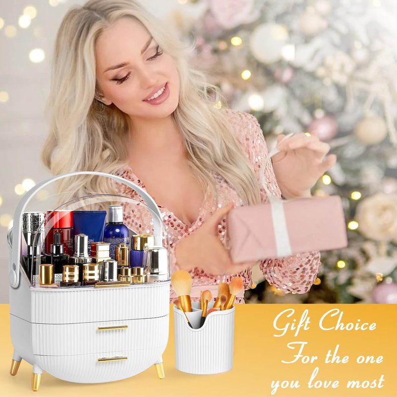 Haturi Makeup Organizer, Skincare Organizers w/Brush Holder, Cosmetics Organizer with Drawers, Waterproof & Dustproof Makeup Organizer for Vanity, Preppy Skin Care for Bathroom, Dresser, Countertop