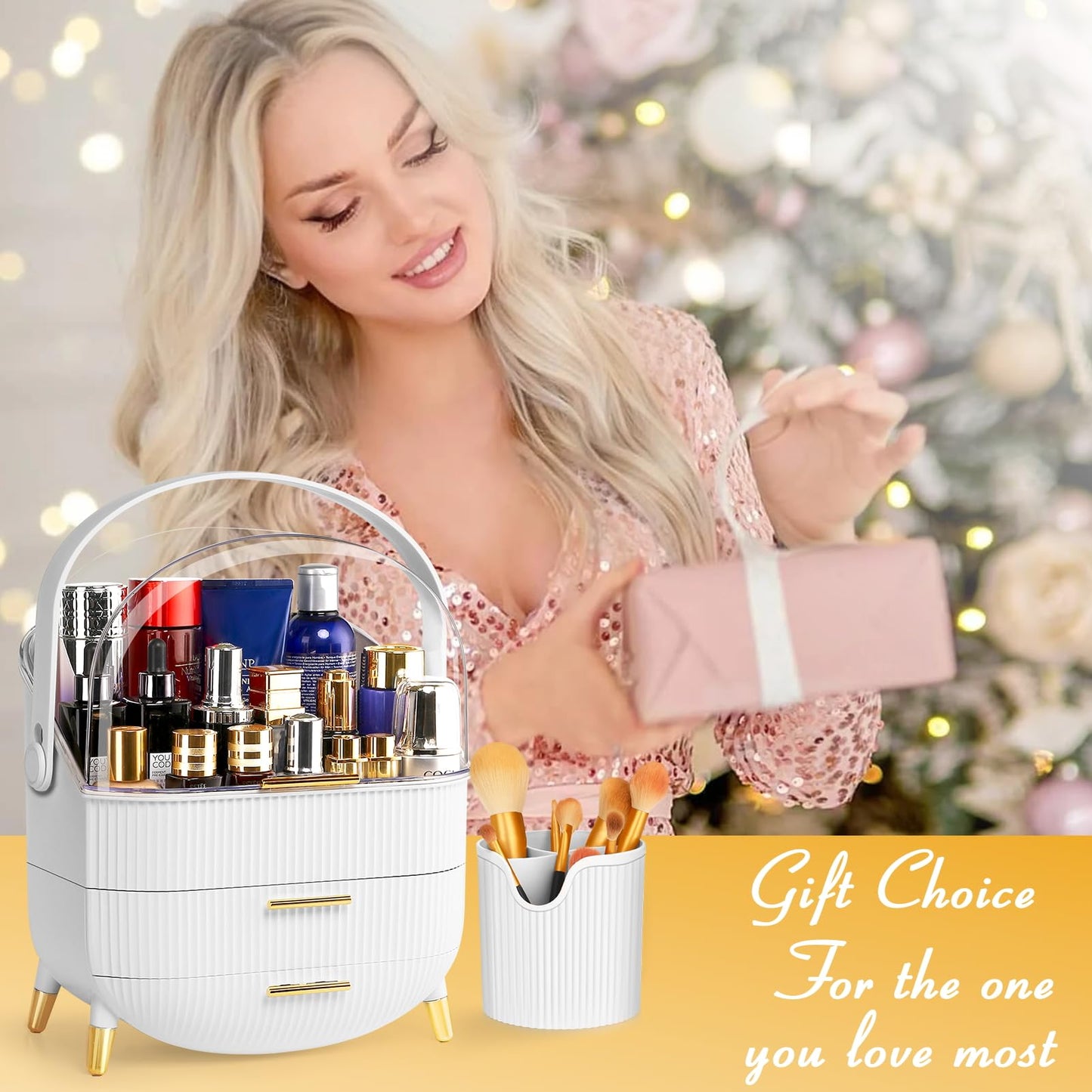 Haturi Makeup Organizer, Skincare Organizers w/Brush Holder, Cosmetics Organizer with Drawers, Waterproof & Dustproof Makeup Organizer for Vanity, Preppy Skin Care for Bathroom, Dresser, Countertop