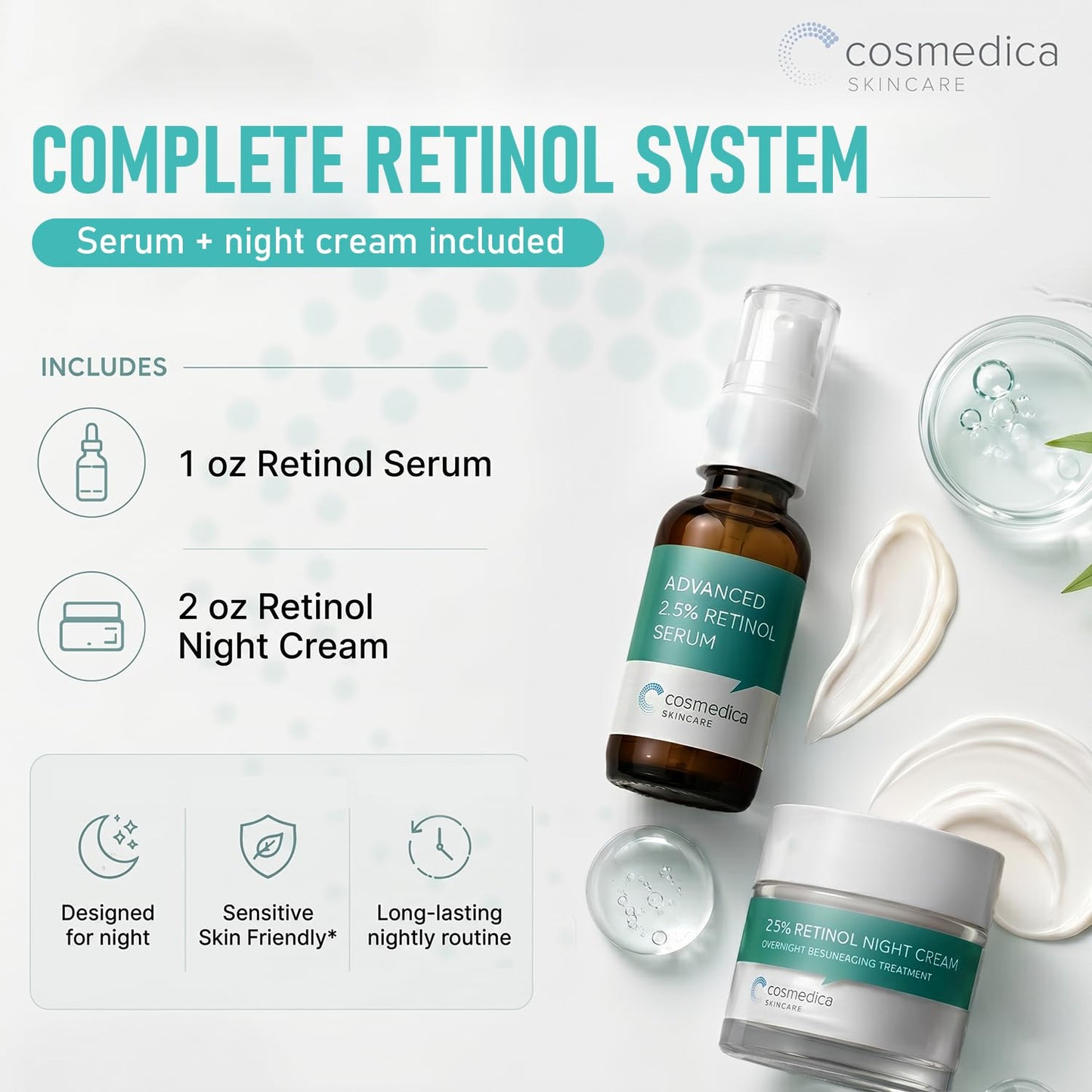Cosmedica Retinol Serum 2.5%, 1oz & Retinol Cream 2oz Complete Anti Aging Skincare Combo Set