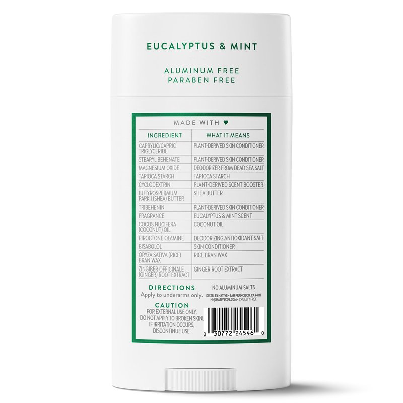 Native Aluminum Free Deodorant, Eucalyptus & Mint, Large Size Stick, 72 Hour Odor Control, for Women & Men, Contains Naturally Derived Ingredients, 3.1 oz