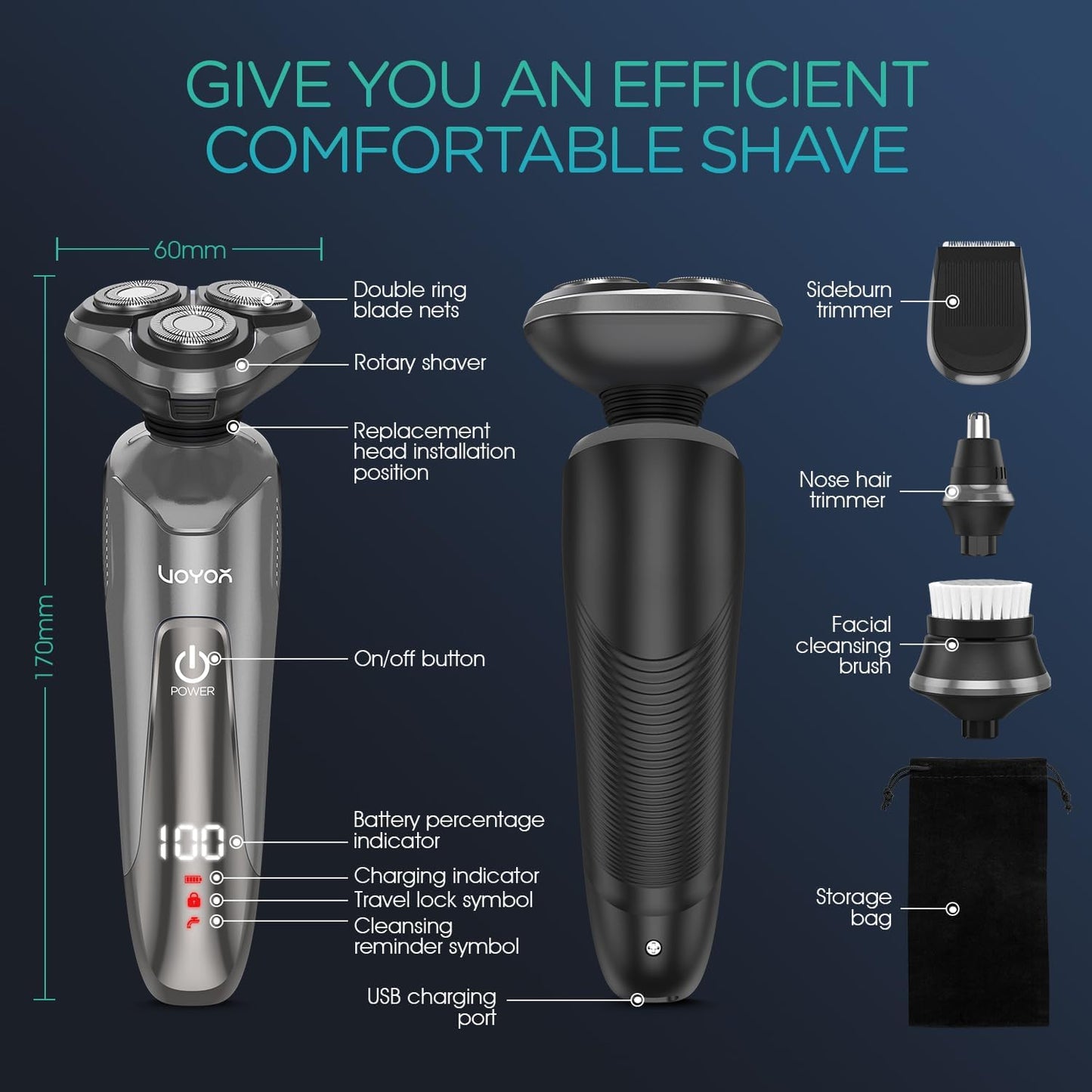 VOYOR Electric Razor for Men - Cordless Waterproof Shaver for Face, Sideburns & Nose Hair | Rechargeable, Grey