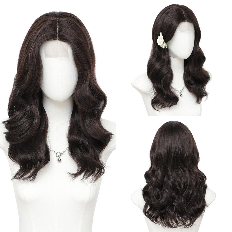 Niceone Hair 18 Inch Dark Brown Wig for Women, Middle Part Medium Length Wavy Synthetic Hair Wig, Upgraded Strands Natural Hairline Design for Daily Party Halloween(Dark Brown,18 Inch)