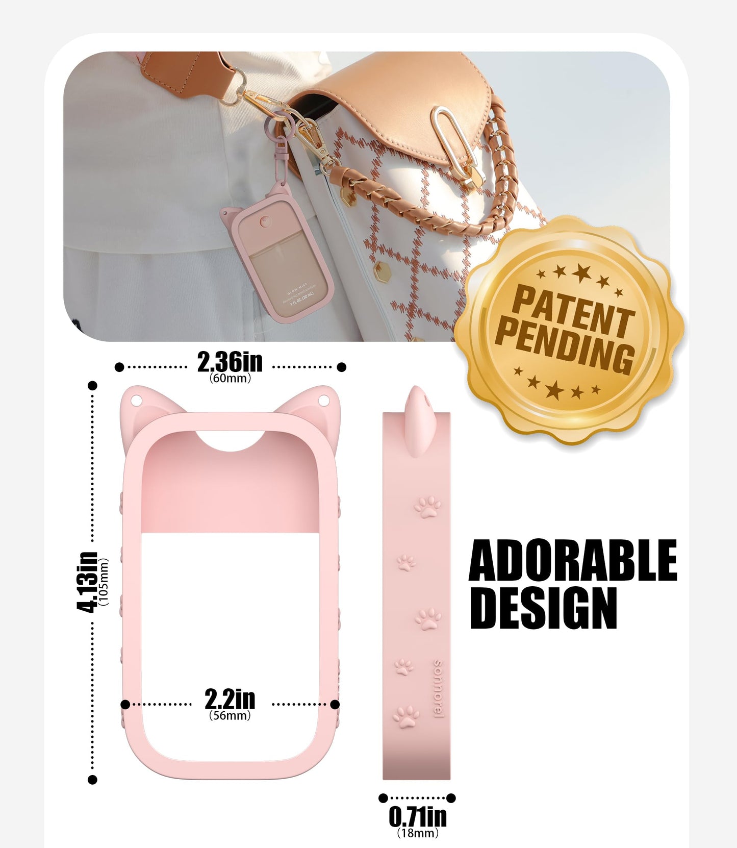 Sonnorel 1 Pack Silicone Case Compatible with Touchland Hand Sanitizer Spray (Fit for 1 FL OZ/30 mL Ver), Portable keychain Cute Color Ears (Pink)