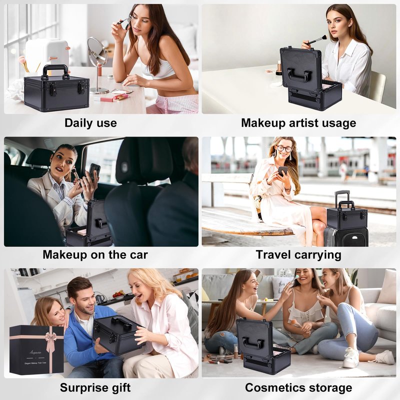 Makeup Box with Led Mirror,Travel Train Hard Case with Rechargeable Lighted Mirror Adjustable Dividers,Cosmetic Organizer Storage Bag for Makeup Artists,Appropriate Gift for Women and Girls,Black
