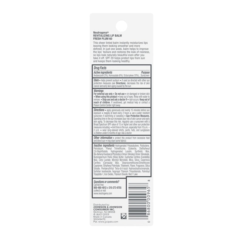 Neutrogena Revitalizing Tinted Lip Balm with SPF 20, Hydrating Tinted Lip Care with Sunscreen, Moisturizing Sheer Tint for Softer, Healthier-Looking Lips, Sheer Fresh Plum 60, 0.15 oz