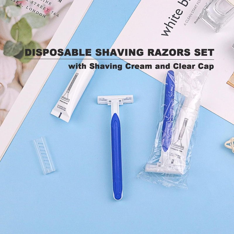 Disposable Razors - Bulk Pack of 60 Individual Wrapped Twin Blade Shaving Razors | Includes 10g Shaving Cream