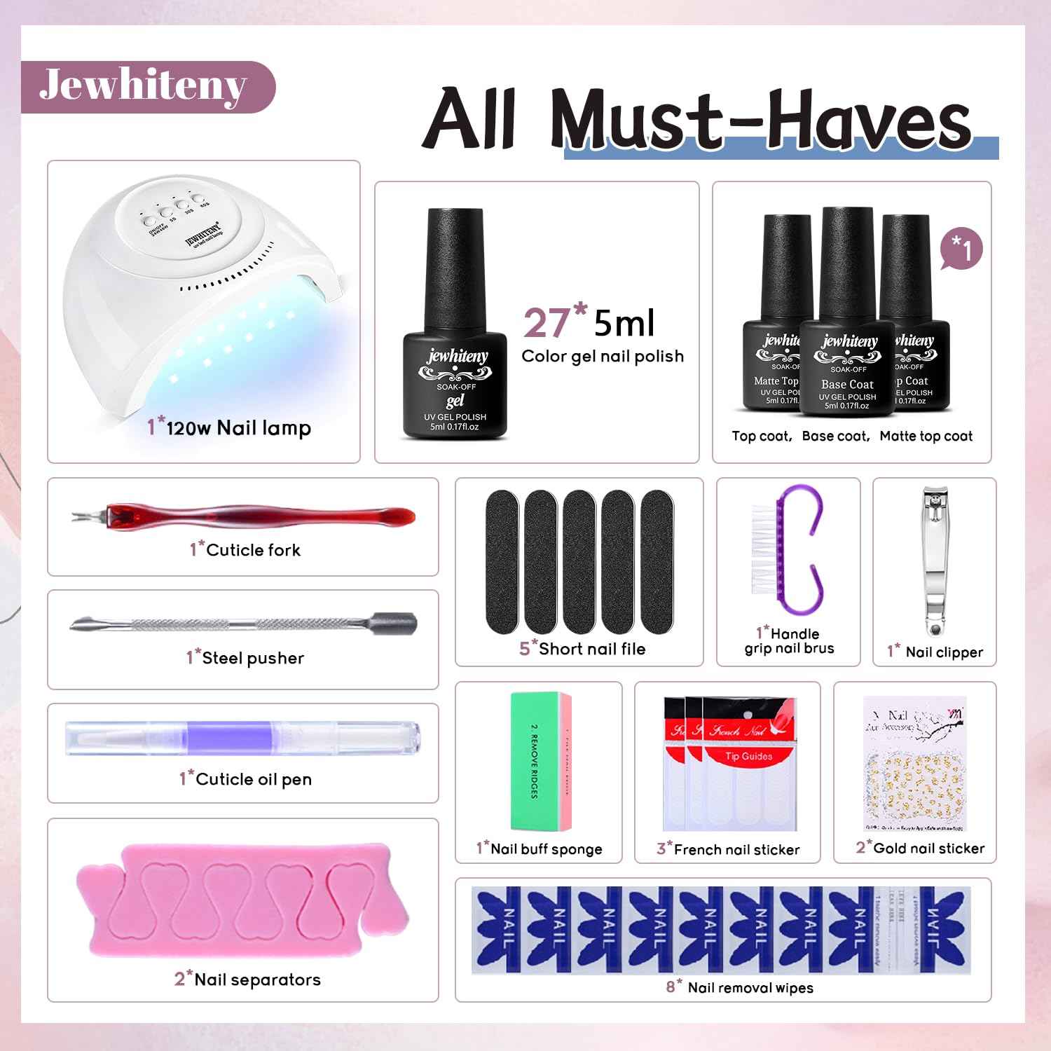 27-Color Gel Nail Polish Kit with UV LED Lamp & 10ML Nail Remover – JEWHITENY