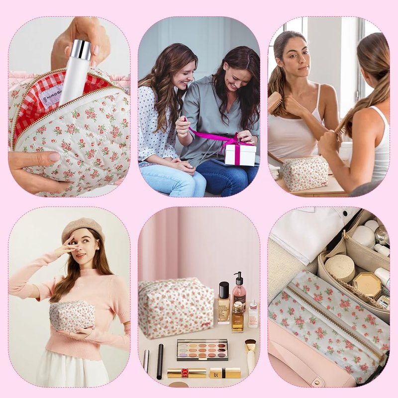 MIROSIE 2-Piece Handmade Cotton Quilted Makeup Bag Set, Floral Cosmetic & Skincare Organizer Zippered Pouch for Women & Girls, Travel Toiletry Bag for Essentials,Rose