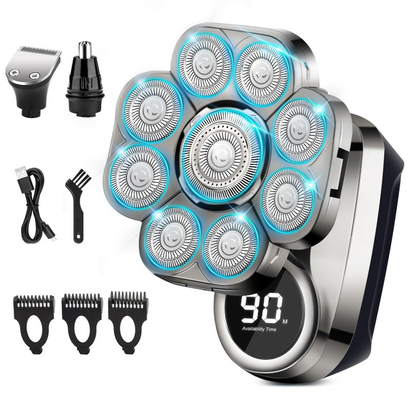 9D Head Shavers for Bald Men, Electric Shaver for Men,6 in 1 Mens Grooming Kit with Nose Hair Trimmer, Beard Trimmer,Waterproof Wet/Dry Rotary Shaver,Gift for Father, Husband, Boyfriend
