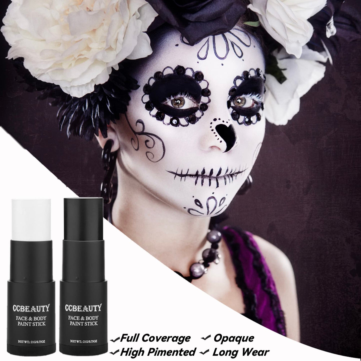 CCBeauty White Black Face Body Paint Stick, Oil Based Cream Blendable Foundation for Clown Skeleton Vampire Skull Joker Mime Cosplay Special Effects Costume , SFX Makeup For Halloween Party