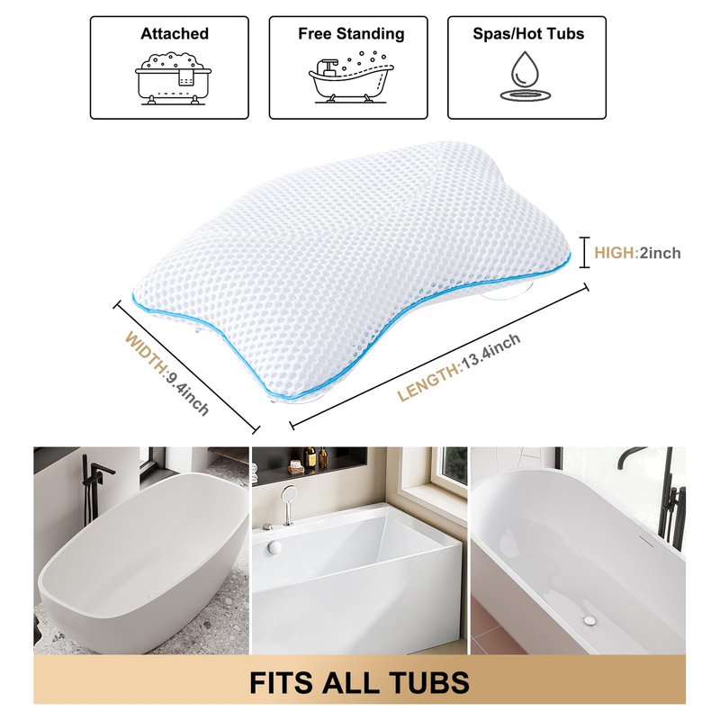 Non Slip Bath Pillow, Luxury Spa Bathtub Head & Neck Rest Support, Permeable Quick Drying Air Mesh Tub Pillow with 4 Large Suction Cups, Fits Any Tubs, Soft and Relaxing (White)