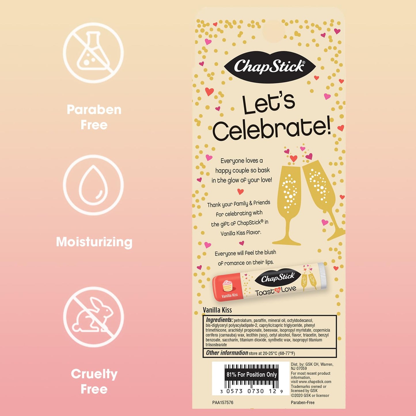 ChapStick Party Favors, Toast to Love Lip Balm Packs (30 Sticks), Sweet Vanilla Kiss, Small Gifts for Bridal Shower & Engagement Parties, 0.15 Oz Ea
