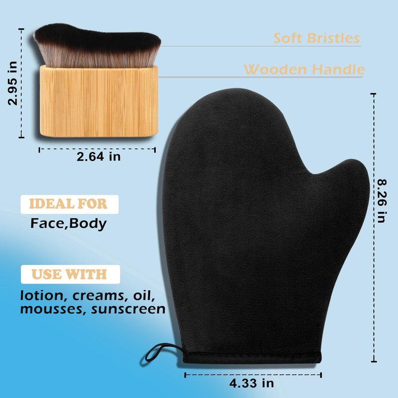 Self Tanning Mitt and Kabuki Brush 2 in 1 Set Double Sided Velvet Glove with Non Slip Grip and Ergonomic Applicator for Streak Free Sunless Tan Body Face
