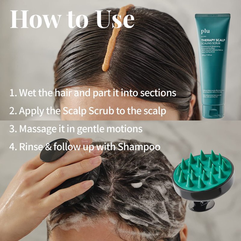 PLU Therapy Scalp Scaling Scrub With Silicone Massager Brush - Walnut Scrubber Gel for Oily Scalp and Dandruff - Exfoliating & Deep Cleansing Combo Set