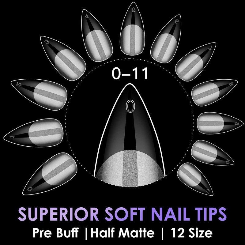 Medium Stiletto Soft Melous 600PCS Pre Buff Full Cover Half Matte Gel Nail Tips