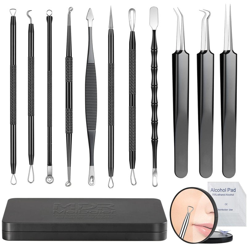 Meidaier 11Pcs Blackhead Remover Kit, Stainless Steel Acne Comedone Extractor with 10X Magnifying Glass & 20 75% Alcohol Pads, Pimple Whitehead Blemish Removal, Anti-Slip Handle & Storage Box