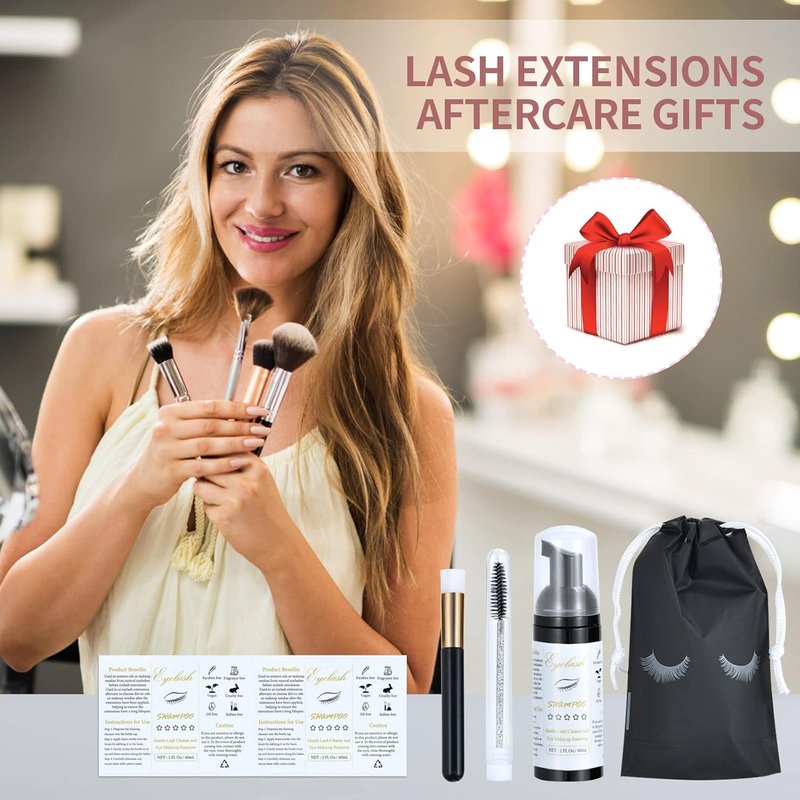 Lash Shampoo Bottle Brushes Set - 100 Pcs with Foam Pump Dispensers, Wands & Labels | Eyelash Extensions Aftercare (Black)