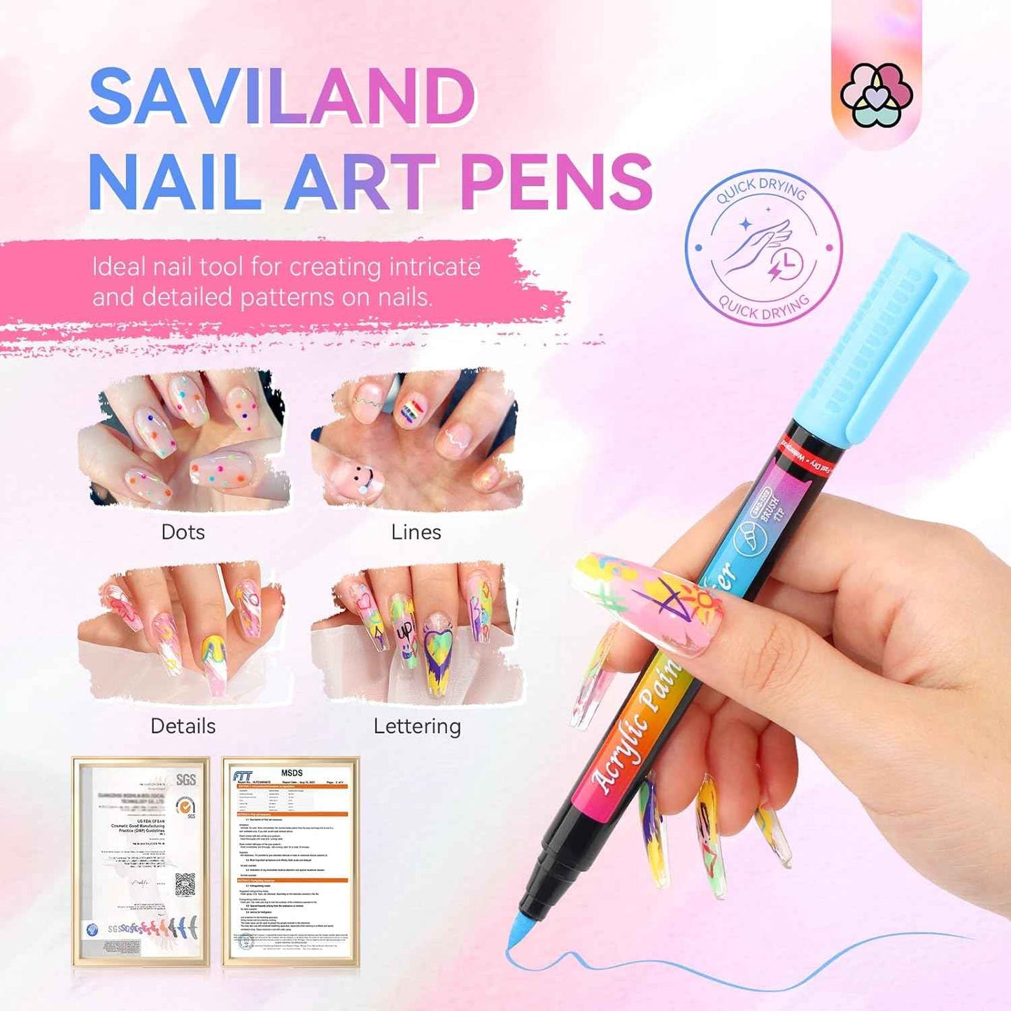 SAVILAND 12 Quick-Dry Nail Art Pens & Gel Paint Kit – 48 Colors, 15 Brushes for DIY Manicure