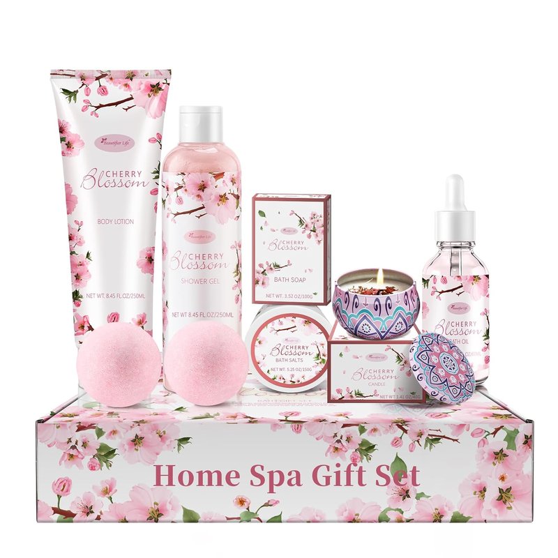 Bath and Body Gift Set for Women - Luxurious Japanese Cherry Blossom Spa Essentials | 7-Piece Set with Shower Gel, Lotion, Bath Oil, Salt, Soap, Bombs & Candle