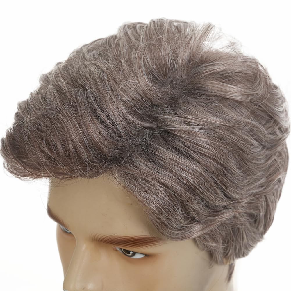 Salaibs Mens Grey Short Wig Natural Synthetic Heat Resistant Wig for Daily Party Use (Brown Mix Grey)