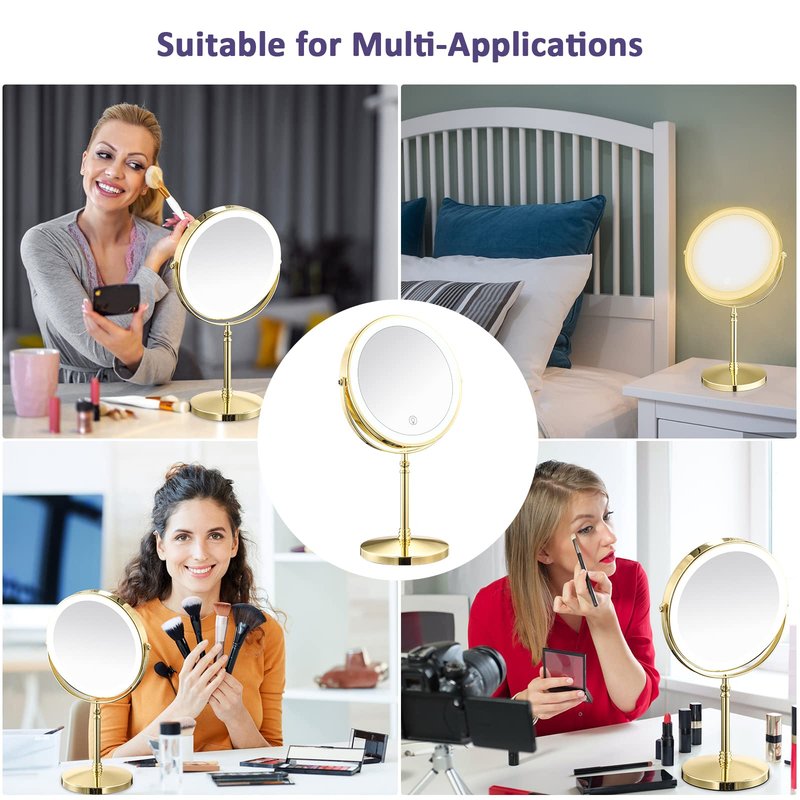 AMZTOLIFE Gold Makup Mirror with Lights, 10X Magnifying Lighted Vanity Mirror, 8 Inches 360 Swivel Two-Sided Tabletop Mirror Gold Finish