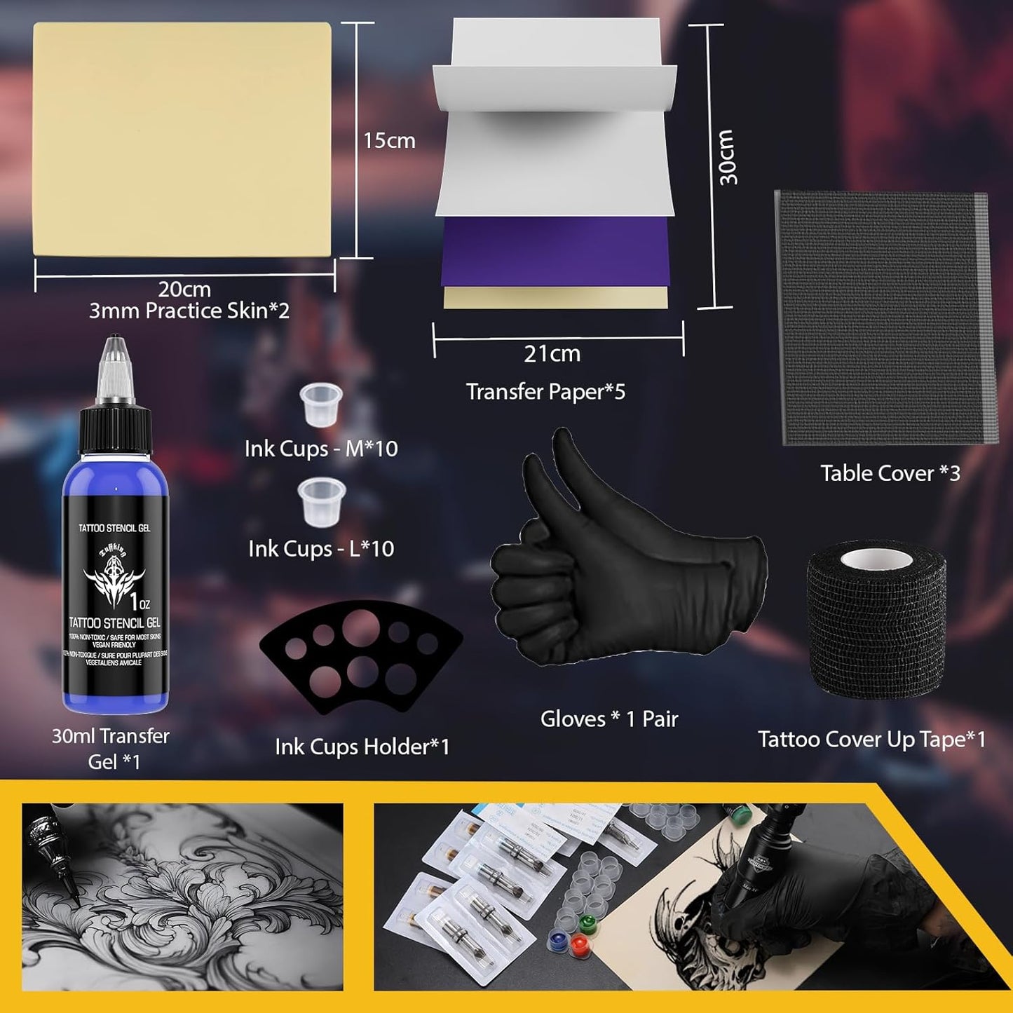 Tattoo Practice Kit - Complete Starter Set with 2 Fake Skins & 5 Stencil Papers for Beginners | 35 Pieces