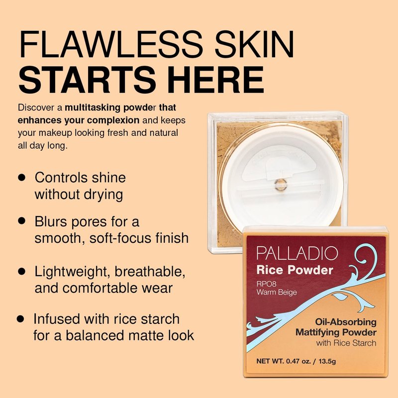 Palladio Rice Powder with Sponge Applicator, Loose Setting Powder, Absorbs Oil, Leaves Face Looking and Feeling Smooth, Helps Makeup Last Longer For a Flawless Fresh Look (Natural, Pack of 3)